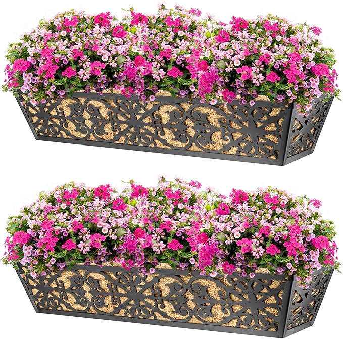 4 Pack 30 Inch Window Boxes Planters Railing Planter Box with Adjustable Brackets & Coco Liners Fabric Plant Grow Bags Deck Railing Planter Boxes Balcony Hanging Flower Box for Outdoor Plants
