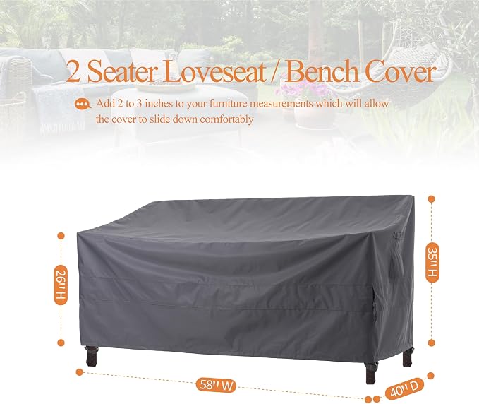 WJ-X3 Outdoor Loveseat Sofa Cover,Patio Couch Covers, 58W x 40D x 35H, Grey | Heavy Duty, Waterproof, High Wind Resistant Design, Patio Furniture Cover