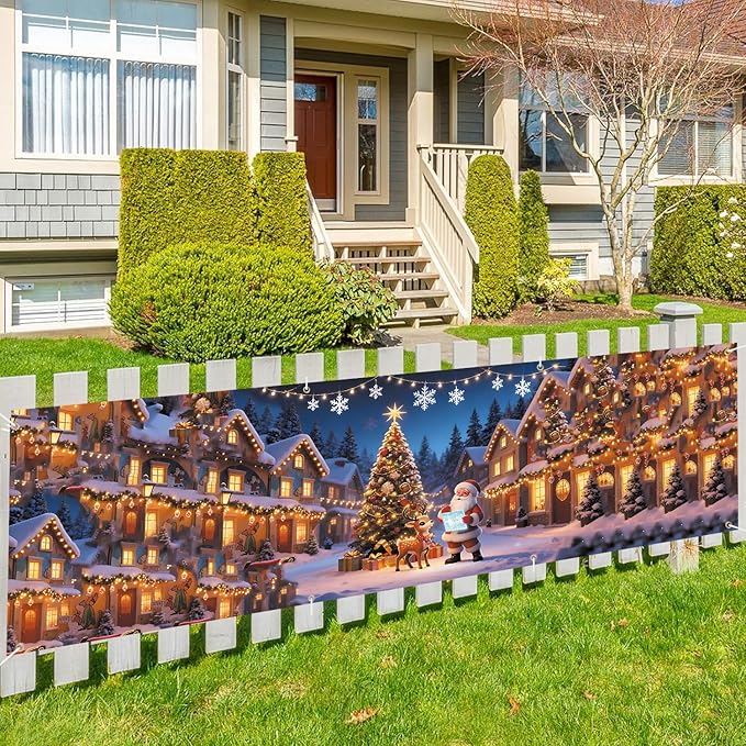 10x3 ft Extra Large Merry Christmas Banner Outdoor Santa Claus Elk 115''x35'' Merry Christmas Decorations for Fence Outside Banner for Garden Party