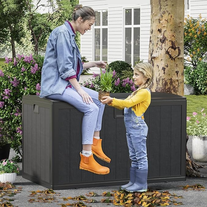 130 Gal Resin Deck Box, Waterproof Lockable Outdoor Storage Box, Versatile Outside Container for Package Parcels, Patio Furniture Cushions, Garden Tools & Pool Accessories