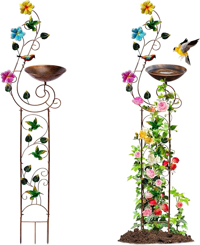 YYWMWM 57" Height Metal Bird Bath with Trellis for Outdoor, Vintage Decorative Bird Baths, Small Garden Plant Support, Antique BirdBath for Climbing Plants with Detachable Iron Bowl (Hummingbird)