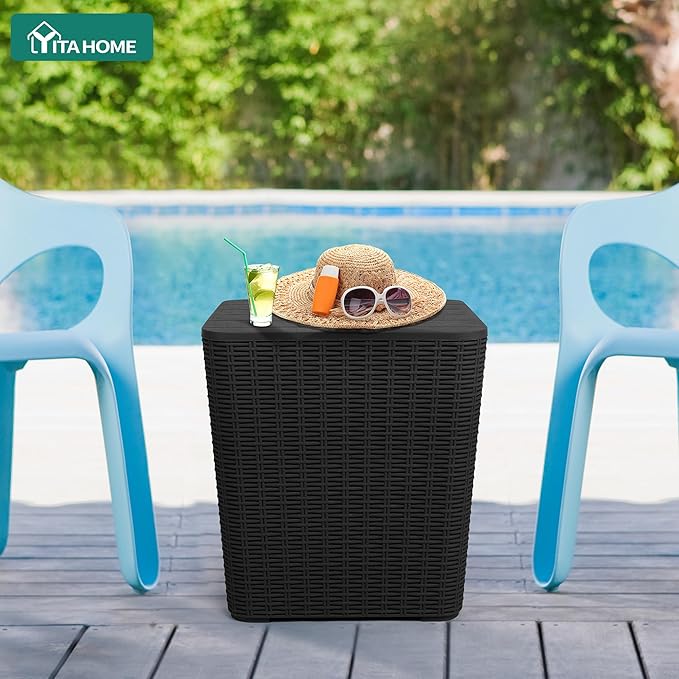YITAHOME Resin Outdoor Deck Box Coffee Table, Waterproof Side Table, Outdoor Sstorage Box with 11.5-Gallon Storage Box for Patio, Cushions, Supplies, Black, Wood Panel+Rattan
