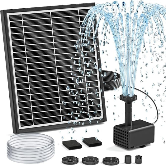 Solar Fountain Pump for Bird Bath, 5.5W Solar Pond Pump with 9.8ft Power Cord, 5 Spray Modes & 4ft Hose, Dry-Run Protection Solar Water Pump for Small Pond Fish Tank Garden Water Features