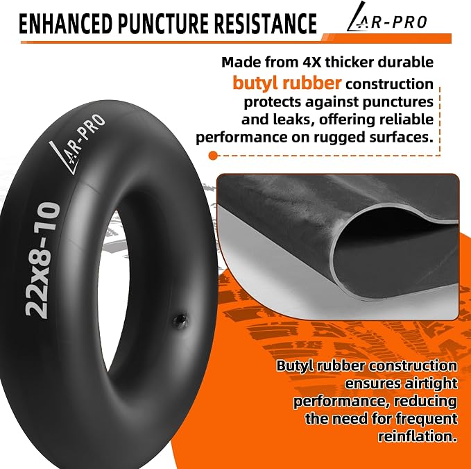 AR-PRO Relacement 22x8-10, 22x9-10 Inner Tubes for ATV, Lawn Tractor, Mowers, Golf Cart, Snow Blowers, and More - with TR6 Straight Metal Valve Stems - Made from Durable Butyl Rubber (2-Pack)