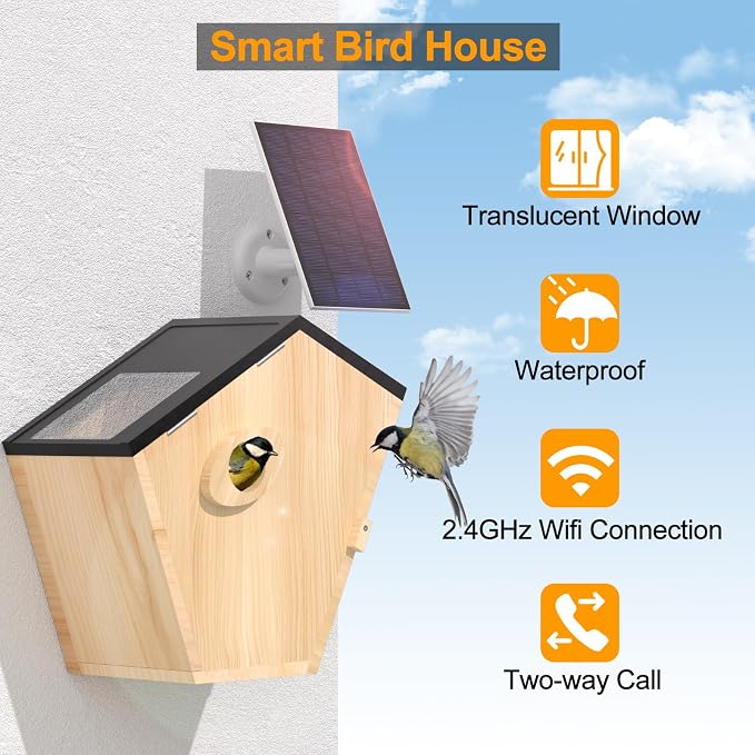 Smart Bird House with Camera Solar Powered,Bird Nesting Box Watching Wireless Camera for Bluebird,5MP Full Color IR Night Vision,2.4G WiFi APP Controlled Auto Notification,Ideal Gift for Bird Lovers