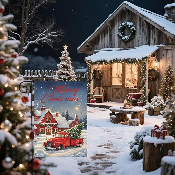 Merry Christmas Garden Flag 12x18 Inch Red Truck House Xmas Winter Holiday Seasonal Theme Decorative Yard Flags for Outside Double Sided Outdoor Home Farmhouse Decoration Porch Decor