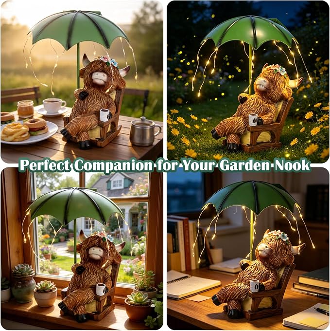 Pohabery Solar Highland Cow Garden Statue with Umbrella Lights - Resin Mother & Calf Outdoor Decor, Waterproof LED Yard Art for Patio, Lawn & Porch | Perfect Housewarming & Garden Gift