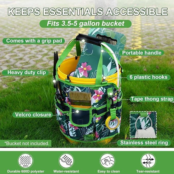 KUNN 5 Gallon Garden Bucket Tool Organizer & Kneeling Pad Set, 18-Pocket Heavy Duty Garden Caddy with Hangable Handle, Polyester Tool Bag with Grip Handle & Gardening Kneeling Pad for Women, Green