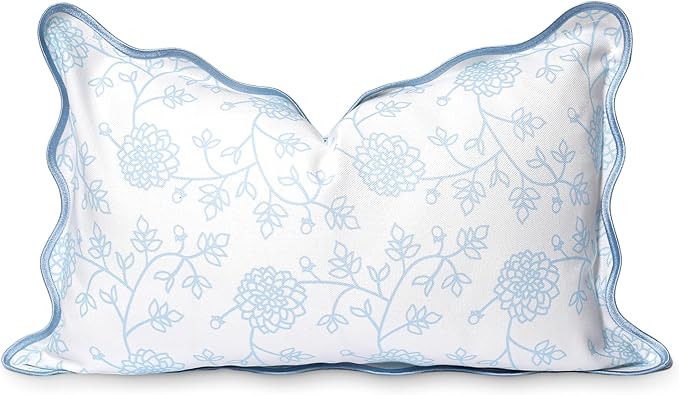 Hofdeco Premium Coastal Patio Indoor Outdoor Scalloped Lumbar Pillow Cover Only, 12"x20" Water Repellent for Backyard, Couch, Baby Blue Print Dahlia Floral