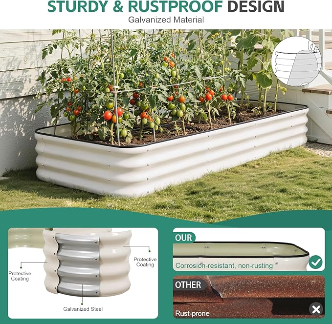 5 in 1Galvanized Raised Garden Bed - 8x3x1ft Modular Garden Planter Bed Outdoor | Steel Raised Bed Kit with Bracing Rods, Gloves for Gardening Vegetables Fruits and Flowers (White)