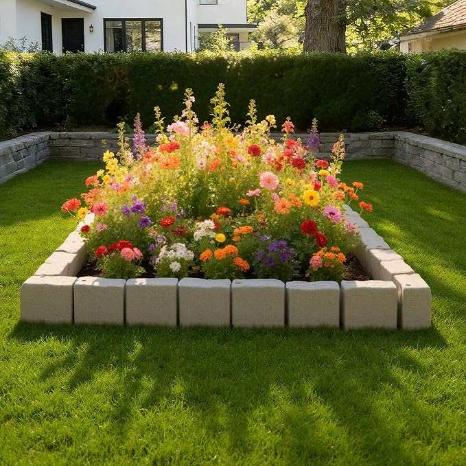 VEVOR Faux Stone Landscape Edging, 15.5 ft Kit, No Dig Garden Edging Border, Blocks for Lawn, Flower Beds, Yard, 4 Pack Each Section Has 6 Bricks 46.85"L x 3.94"W x 6.1"H, 12 Spikes & 4 Corners, Beige