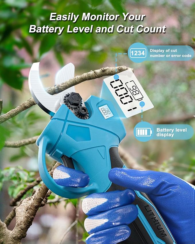 21V Cordless Electric Pruning Shears, Adjustable Cutting Diameter 0.8-1.2 IN Cordless Electric Branch Trimmer, Portable Pruning Shears for Garden with LCD Display and SK5 Blades(Two Battery)