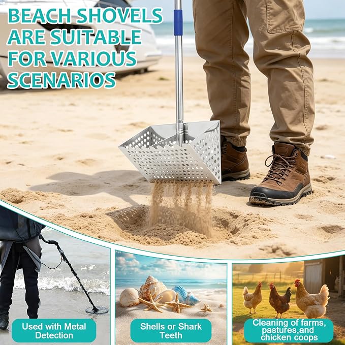Sand Flea Rake, 65 Inches Long Handle, Stainless Steel Shark Tooth Sifter, Detachable 11-Inch-Wide Drainage Mesh Beach Sand Sifter for Collecting Sand Fleas, Shells and Shark's Teeth