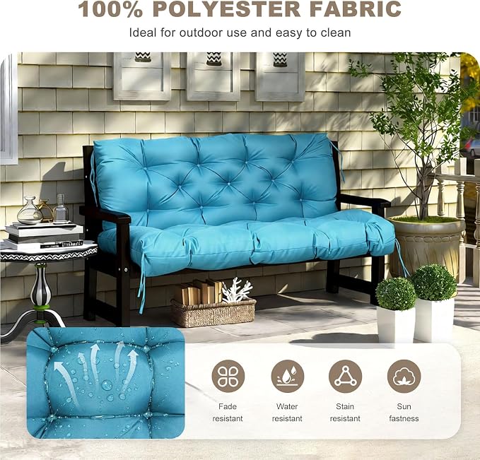 Porch Swing Cushion with Backrest,Waterproof Bench Cushion for Outdoor Furniture,2-3 Seater Replacement Thickened Swing Cushion with Ties,Patio,Outdoor,Backyard and Garden (SkyBlue,47x40)