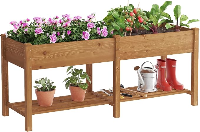 Raised Garden Bed with Legs Elevated Wooden Planter Box Stand Large Planter Stand Box for Fruits Vegetables Flowers with Divider with Bag- 72 * 24 * 30.5IN（Brown）