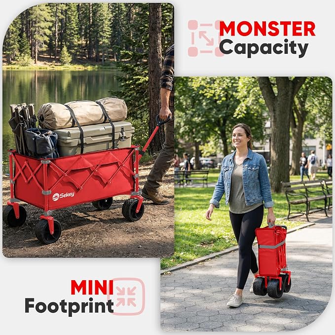 Sekey 150L Wagons Carts Foldable with Big All-Terrian Beach Wheels, Collapsible Heavy Duty Wagon, Extra Large Folding Wagon, Foldable Wagon for Camping, Garden, Sports. Red