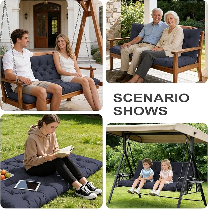 Outdoor Swing Cushions,Waterproof Swing Cushions 3 Seater Replacement with Backrest,Outdoor Thickened Bench Cushion with Ties for Porch,Patio,Backyard,Garden (Navy Blue 60 * 40 in)