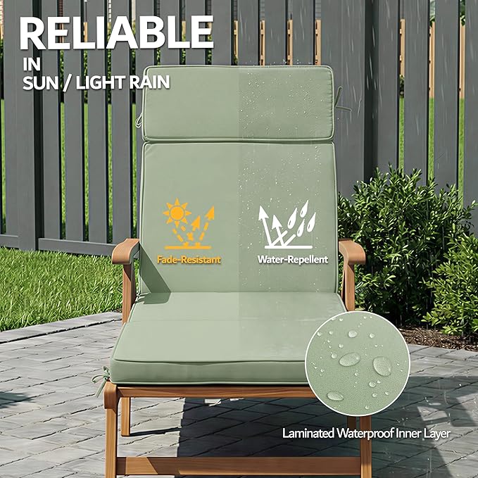80 x 26 Inch Outdoor Chaise Lounge Cushion - Removable Cover, 4-Section Design, Water-Repellent & Fade-Resistant, 6 Tie Straps, Replacement for Patio & Pool Chairs - Sage Green