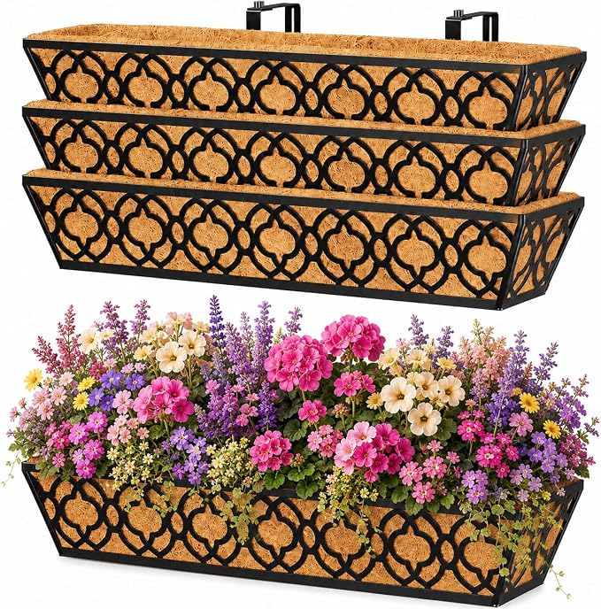 Y&M 4-Pack 30 Inch Railing Planter Boxes 24 Inch 2 Pack, Hanging Balcony Planter, Adjustable Deck Railing Planter Box, Metal Window Boxes Outdoor for Fence, Porch Flower Pots Holder
