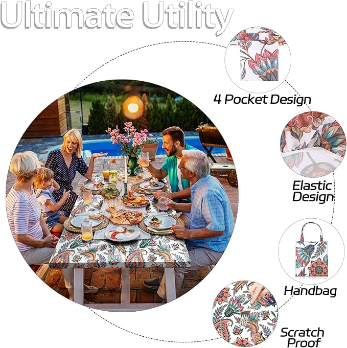 Fitted Waterproof Picnic Table Cover with Bench Covers Heavy Duty Elastic Outdoor Camping Tablecloth for 6 Foot Rectangle Tables Summer Rv Accessories Patio Garden Road Trip Essentials Gifts