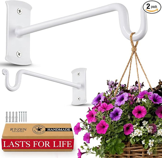 RTZEN Plant Hangers Outdoor or Indoor - Wrought Iron Metal Hanger Indoor Hook - Heavy Duty Wall Bracket Hooks for Hanging Plants Baskets Lanterns Bird Feeders - 2 Pack (White Shepherds Hooks 10")