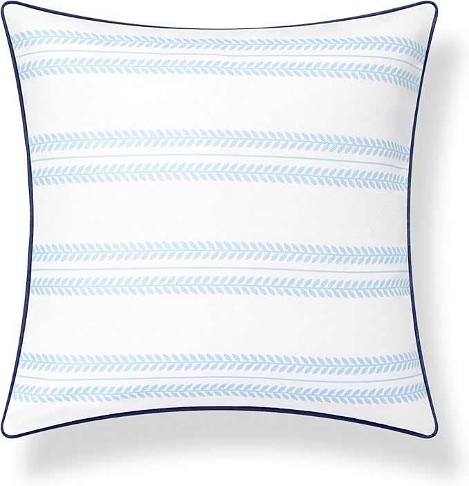 Hofdeco Premium Coastal Hampton Patio Indoor Outdoor Throw Pillow Cover Only, 22"x22" Water Repellent for Backyard, Couch, Poolside, Baby Blue Navy Print Leaf Striped (Pack of 2)