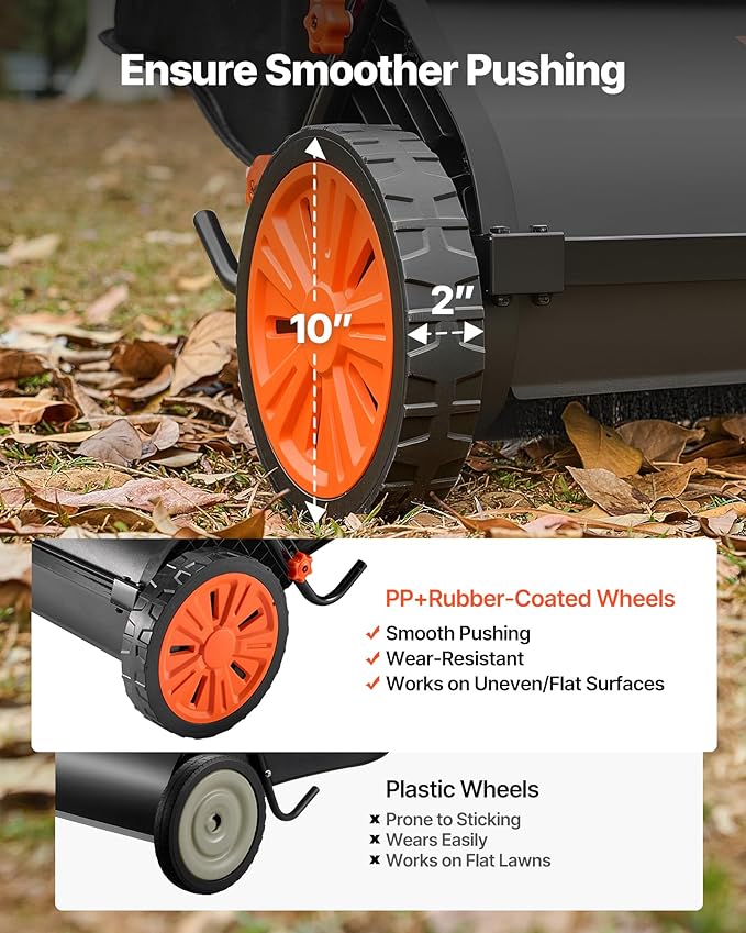 VEVOR Push Lawn Sweeper, 26 in Leaf & Grass Collector with 7 cu. ft. Hopper Bag, Adjustable Brush Height & Spinning Brushes, Heavy Duty Yard Sweeper with Rubber Wheels for Leaves Grass Cleanup
