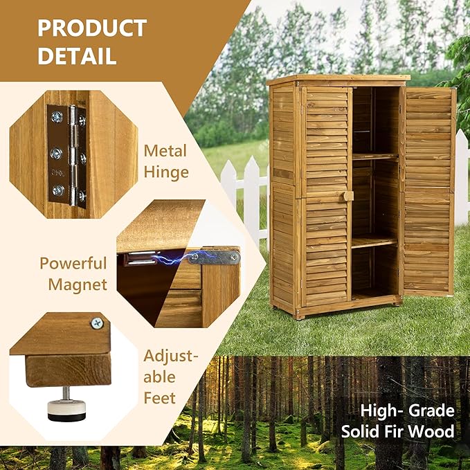 YOPTO Outdoor Wood Storage Cabinet,Garden Shed Tool with Lockable Door and Waterproof Roof,Backyard Building w/ 2 Removable Shelves & Adjustable Feet,for Lawn Patio,34.25" L x 18.5" W x 63" H,Natural