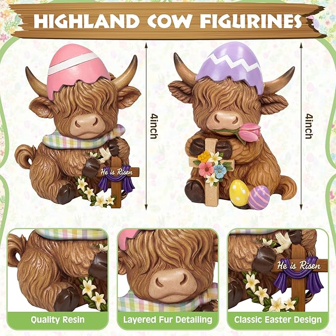 Simgoing 2 Pack Easter Highland Cow Figurines, He is Risen Figurines Highland Cow Decor Spring Home Table Decorations with Egg and Cross Calf Lovers Easter Gifts for Holiday Centerpieces Ornament