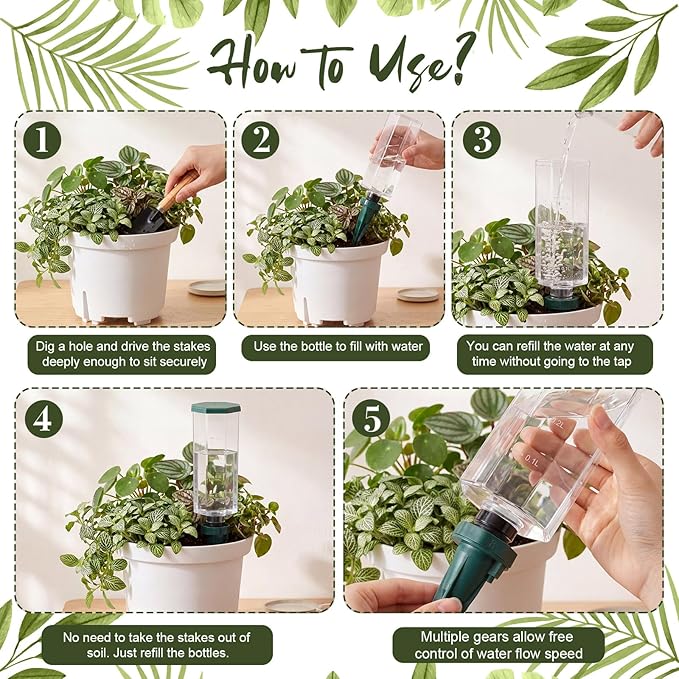 Yungyan 4 Sets Plant Watering Devices with Self Watering Spikes Self-Watering Device for Plants Plastic Plant Waterer Devices with Adjustable Control Valve Switch Indoor Outdoor