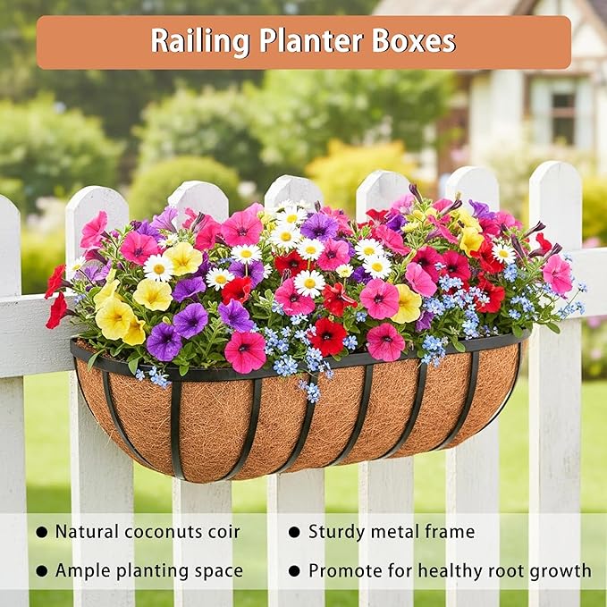 24'' Window Box Railing Planter with Coco Liner,4 Pack Horse Trough Planters Black Metal Hanging Flower Planters Basket for Porch Fence Patio Indoor Outdoor Lawn