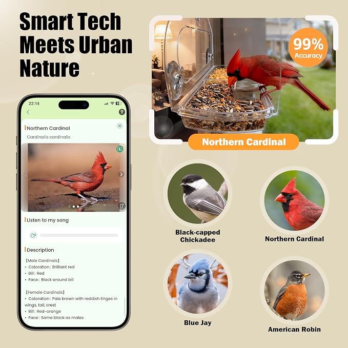 Smart Window Bird Feeder with 2K Camera & AI Identification, Strong Suction Cup Mount, All-Weather Design, Real-Time Alerts, Easy to Install, for Apartments & Homes, Perfect for Bird Lovers