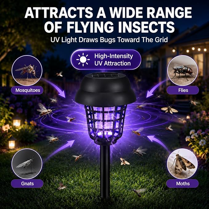 4 Pack Solar Bug Zapper Outdoor Waterproof Solar Powered Mosquito Zapper Repellent Outdoor Patio,Cordless & Auto On/Off Purple White Light Small Fly Insect Zappers for Garden Backyard