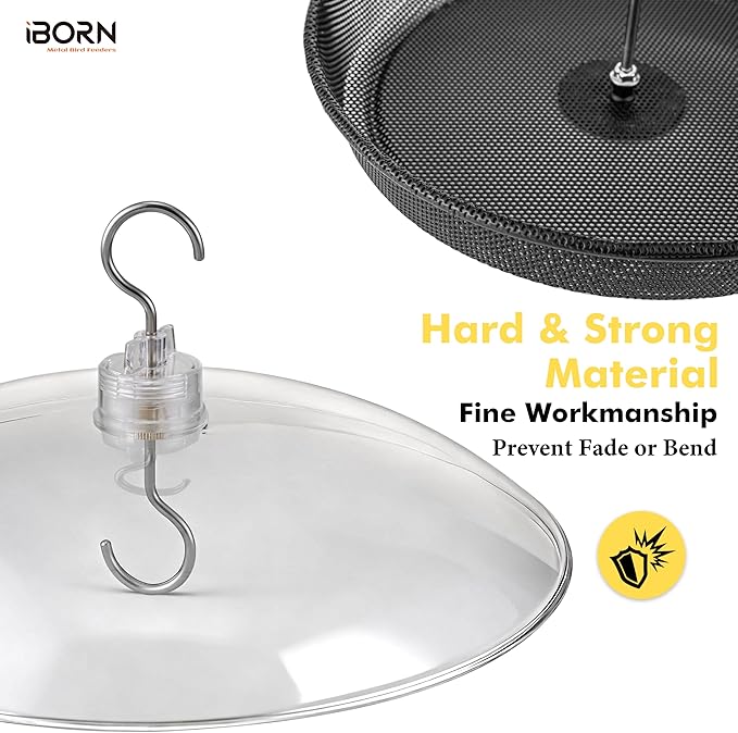 iBorn Hanging Bird Feeder Tray & Rainroof Cover, Bird Feeder Bowl with 13”Bird Feeder Cover for Rain Guard, Chew-Proof Polycarbonate & Thick Metal Hanger, Easy to Refill & Clean, Transparent & Black