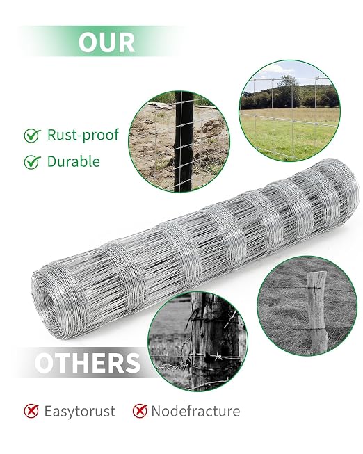 Cattle Fence 4Ft x 328, 13 Gauge Galvanized Wire Fencing, Hinge Knot Woven Wire Fence, Livestock Fencing for Cattle Goats Sheep Hog, Heavy Duty Durable Metal Field Fence for Pasture Yard Garden