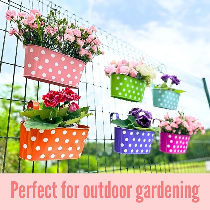 LaLaGreen Rail Planter (17 Inch, 6 Pack) Colorful Metal Hanging Flower Pots Railing Fence Balcony Gardening for Apartment Patio Planters Iron Outdoor Decoration Porch Decor Modern Garden Style