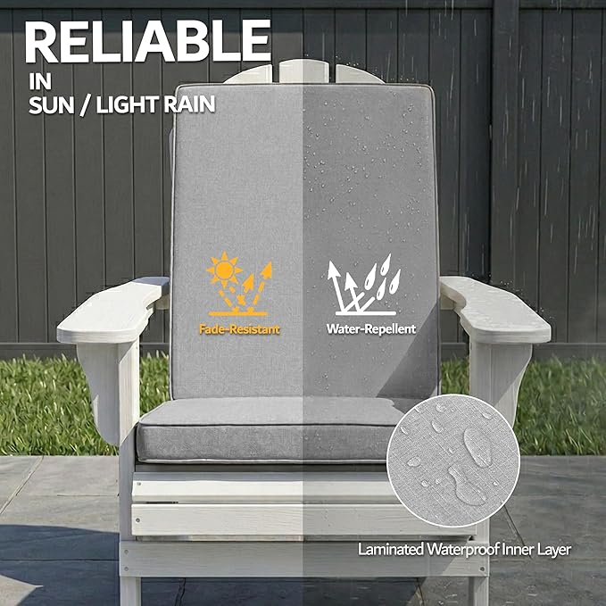 Adirondack Chair Cushion - Removable Cover, Water-Repellent & Fade-Resistant Faux Linen, Securing Straps, Non-Slip Bottom, Fit for Most Outdoor Adirondack & Rocking Chairs - Light Grey