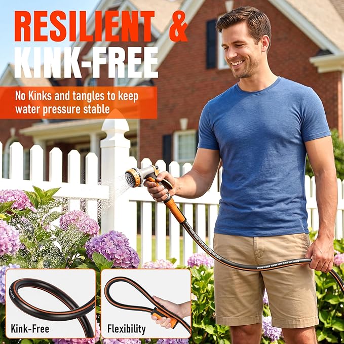 Garden Hose 100 ft x 5/8", NON-EXPANDING Flexible Water Hose, Kink Resistant Lightweight Hybrid Hose-Black Orange