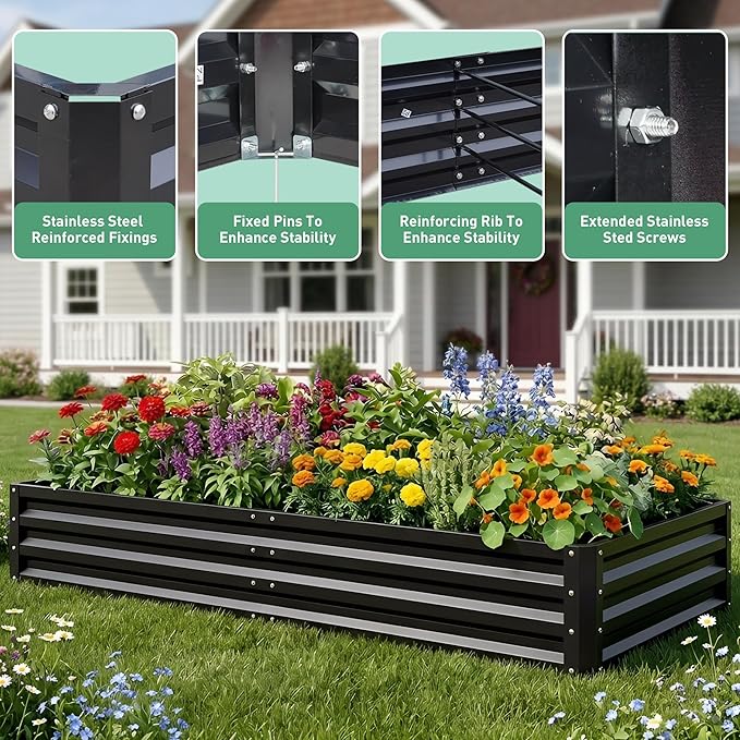 ONCEMORE Galvanized Raised Garden Bed for Vegetables Flowers Herbs, Cover Outdoor Extra-Thick Metal Planter Box Kit,w/Tomato Cage, Labels, Tool, 6×3×1FT Black(Clear)
