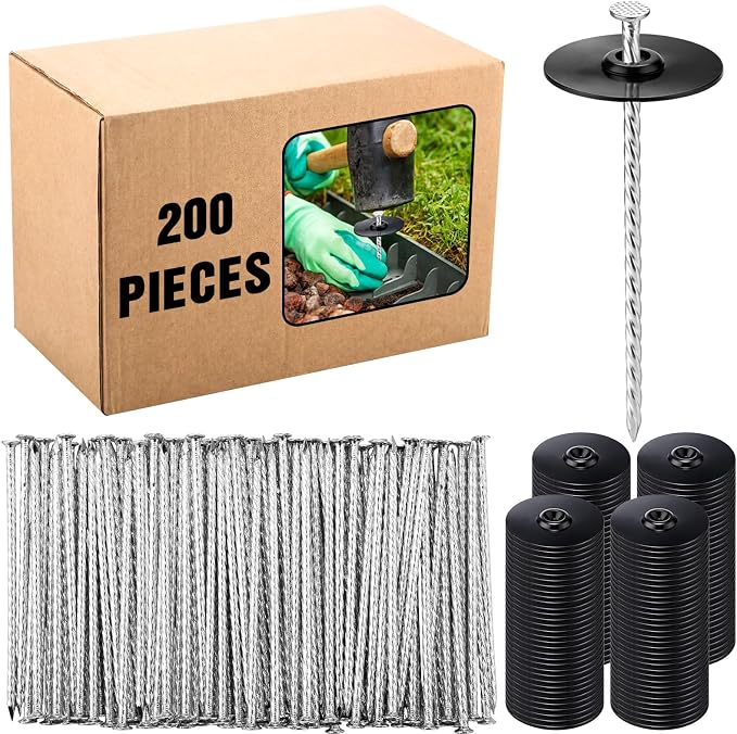 Nuenen 200 Sets Garden Stakes with Gasket Caps 6 in Galvanized Steel Turf Nails Spiral Landscape Stakes Heavy Duty Metal Turf Spikes for Artificial Grass Landscape Edging Weed Barrier