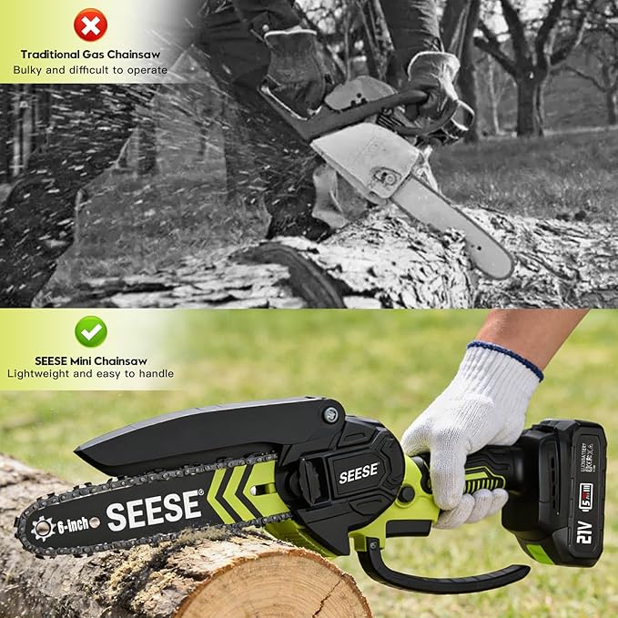 6-inch Mini Chainsaw Cordless: Home Garden Electric Chainsaw - 950W Pure Copper Brushless Motor, High Efficiency, Low Noise, 21V Batteries x2, Up to 80-Min Runtime