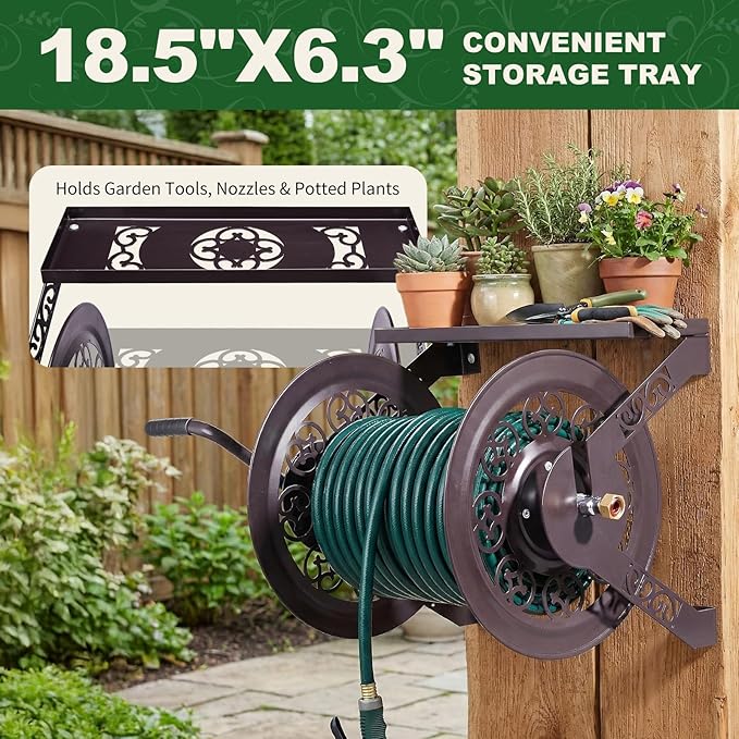 Outvita Wall Mounted Garden Hose Reel, Holds 175 ft 5/8-inch Hose, Manual Water Hose Holder Winder, Decorative Heavy-Duty, Space Saving, Easy Assmbly, for Yard Lawn Garage Backyards (Brown)