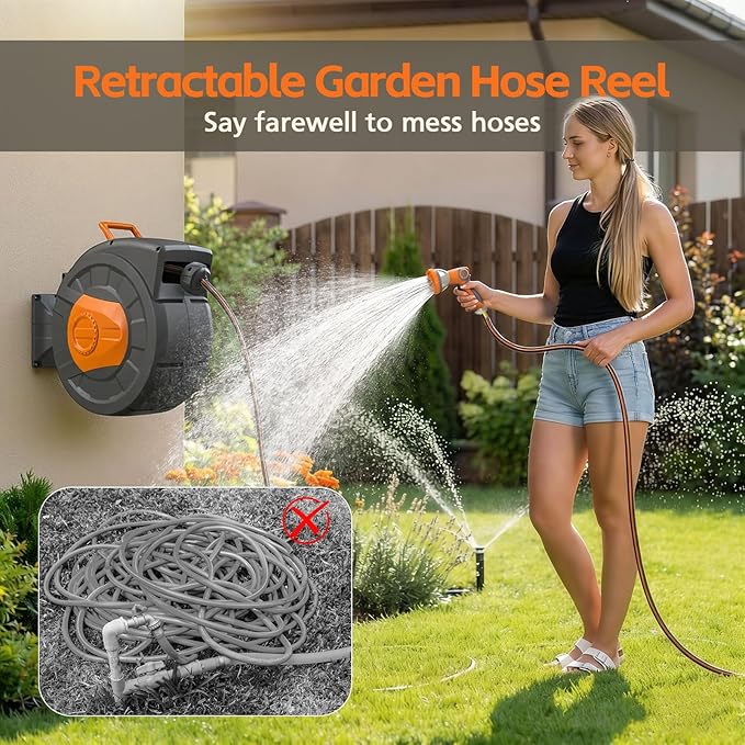 Retractable Garden Hose Reel 100 FT, 1/2" Heavy Duty Garden Hose 435 PSI Burst Pressure, Wall Mounted Water Hose Reel with 10-Pattern Nozzle, 180° Swivel, Slow Auto Rewind & Any Length Lock