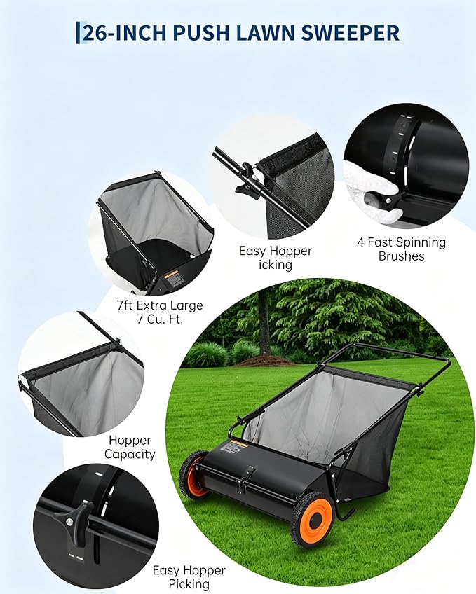 26-Inch Push Lawn Sweeper, 7 Cu. Ft. Hopper Leaf & Grass Collector, 4 Spinning Brushes, Adjustable Brush Height, Manual Yard Sweeper for Grass Clippings, Leaves & Light Debris, Black