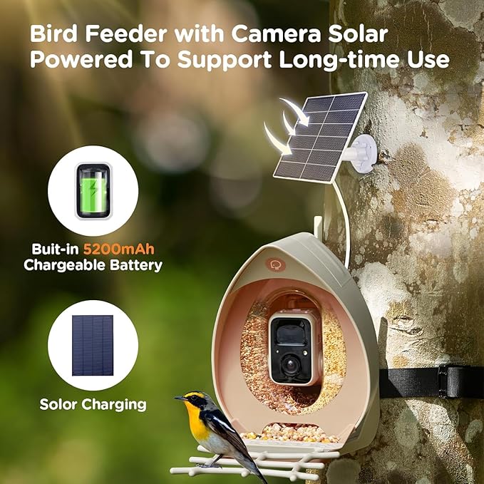 Bird Feeder with Camera Solar Powered, Smart Birds Feeder for Outside, AI Bird Identification Auto Capture Videos Pictures, 2K Live Feed Cam for Backyard, Ideal Gift for Birds Lover (Brown)