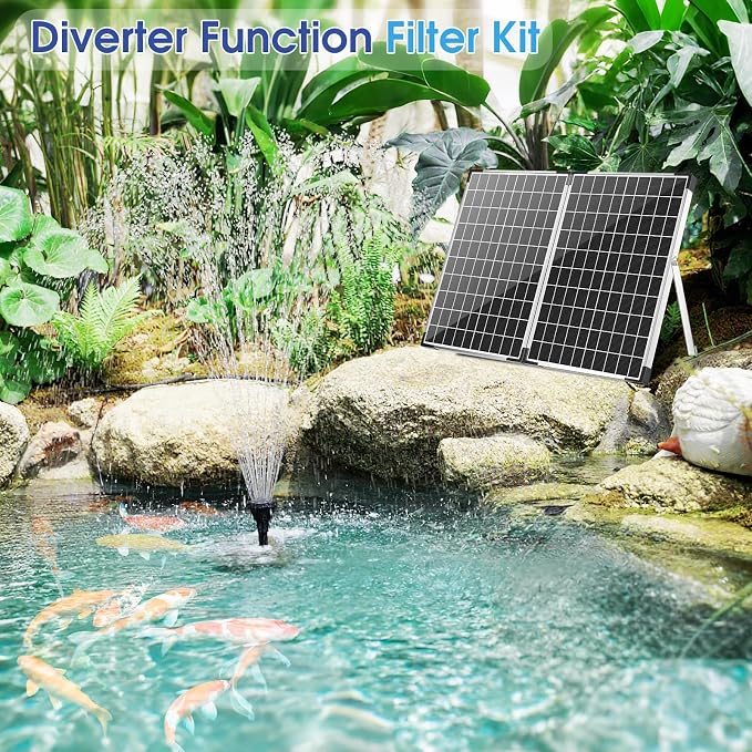 Antfraer 55W Solar Pond Pump with Filter Kit - Foldable Monocrystalline Solar Panel, Pond Filter for Outdoor Ponds, Koi Ponds, Waterfalls & DIY Water Features (17FT+10FT Power Cord)
