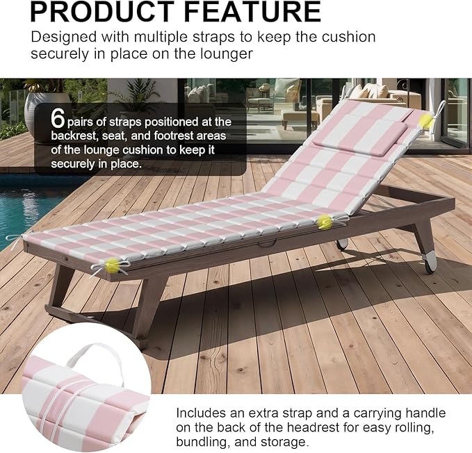 Crestlive Products Chaise Lounge Cushion Outdoor Set of 2, Waterproof Foldable Pool Lounge Chair Cushions with Straps 71''Lx21''W, Lounger Cushions for Outdoor Furniture, Patio, Pink Stripe