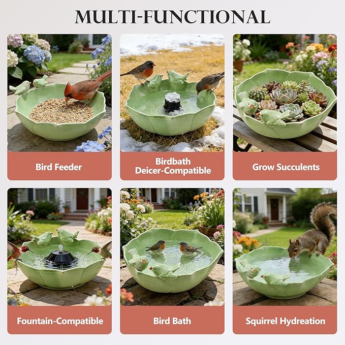 Ceramic Bird Bath for Outdoors, 10.1” Hand-Painted Glazed Ceramic Bird Baths Bowls and Feeders for Outside, UV/Frost-Resistant Finish Ground Garden Table Top Bird Baths Decor for Patio Yard Home Green