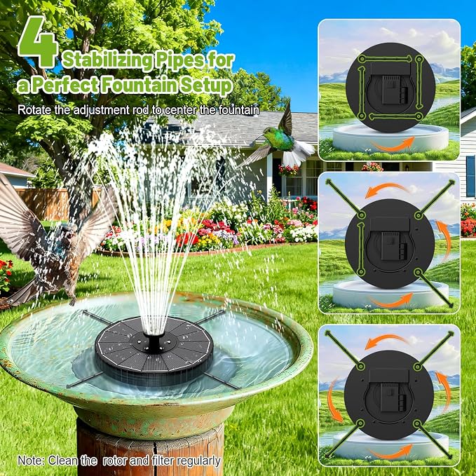 Solar Fountain with 3 Spray Height, Colorful Led Lights, 3.5W Glass Solar Bird Bath Water Fountain with 2000mAh Battery, 4 Rotating Rods and 7 Nozzles for Hummingbird Bathing, Outdoor Décor