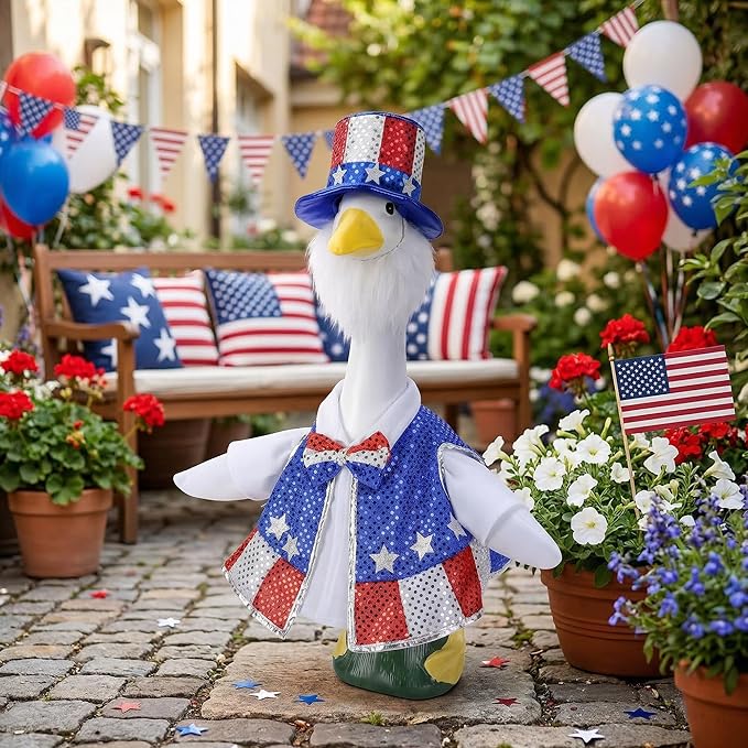 3 Pcs/Set 4th of July Porch Goose Outfit, 23" High Lawn Goose Patriotic Costume Clothing, Independence Day Garden Geese Clothes Sequins Waistcoat Shirt with Top Hat for Outdoor Patio Yard Decoration